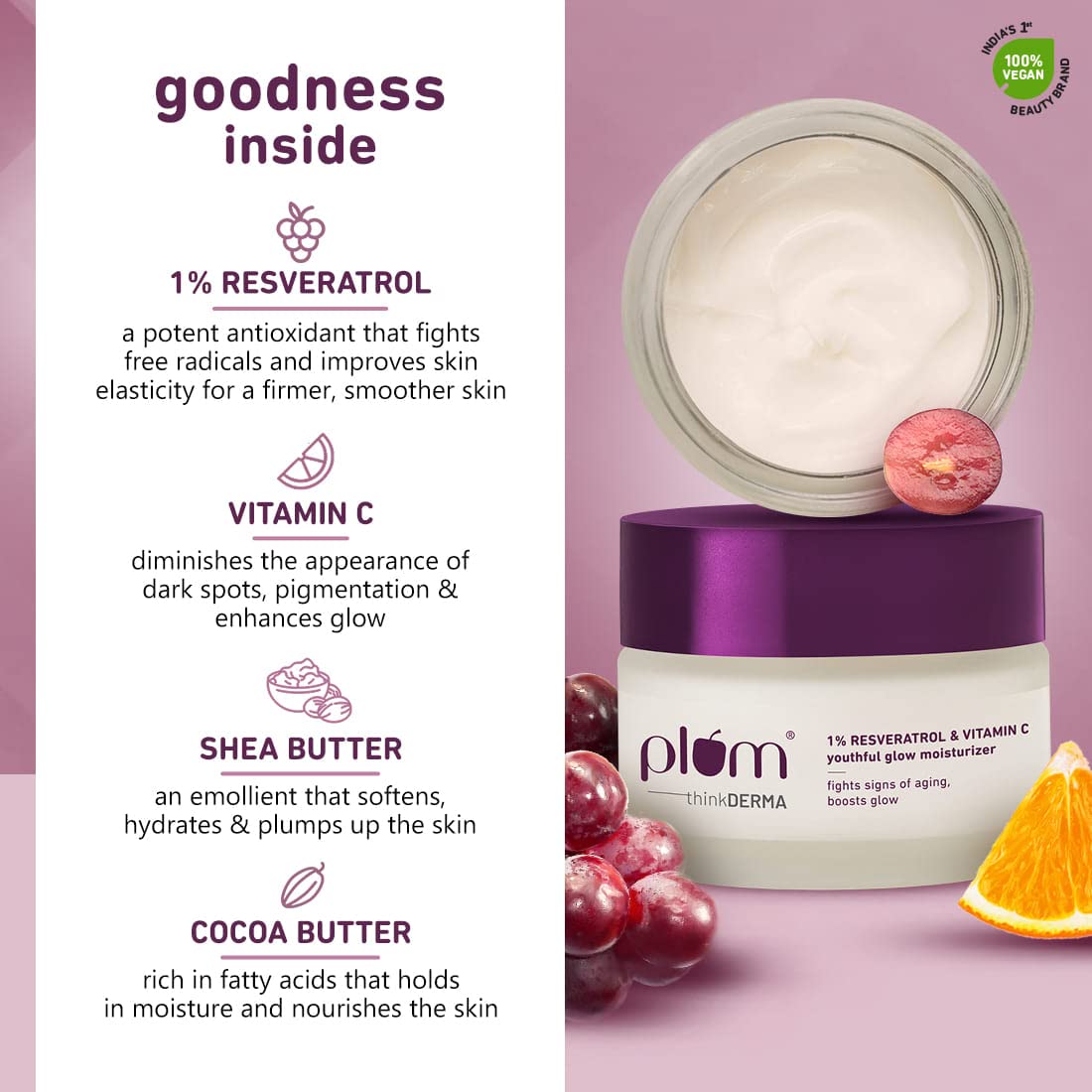 Plum 1% Resveratrol &amp; Vitamin C Youthful Glow Moisturizer Cream | Fights Signs Of Ageing | Enhances Collagen Production | Boosts Glow | Lightweight &amp; Quick-Absorbing | 100% Vegan | 50G - View 4 of 4