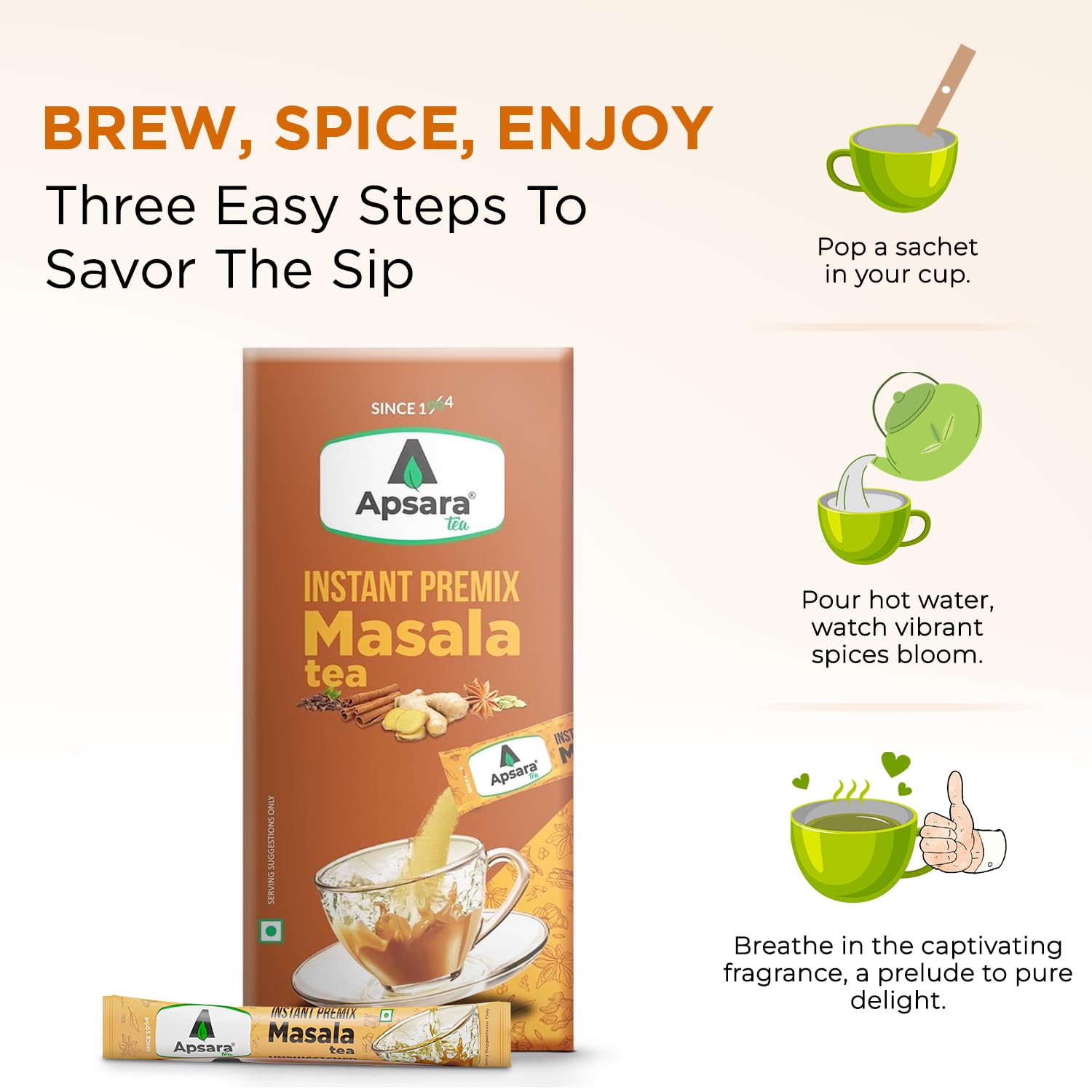 APSARA Instant Tea Premix Masala Chai 10 Sachets | Ready To Drink, Masala Tea Powder | Masala Chai Enriched With 100% Natural Ingredients - Ginger, Cardamom, Black Peper, Clove, Cinnamon and Nutmeg (FROM INDIA FAAZ) - View 3 of 4