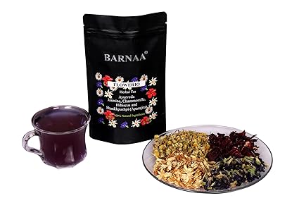 BARNAA FLOWERIO 50 g -HERBAL TEA-ZIP POUCH PACK || A BLEND OF AYURVEDIC FLOWERS- JASMINE, CHAMMOMILE, HIBISCUS AND SHANKHPUSHPI || TISANE-SOOTHING TEA || CAFFEINE-FREE || (FROM INDIA FAAZ) - View 3 of 5