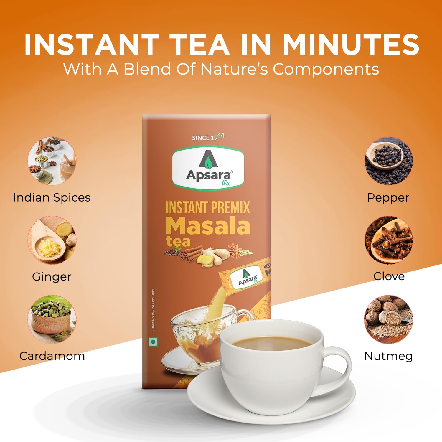 APSARA Instant Tea Premix Masala Chai 10 Sachets | Ready To Drink, Masala Tea Powder | Masala Chai Enriched With 100% Natural Ingredients - Ginger, Cardamom, Black Peper, Clove, Cinnamon and Nutmeg (FROM INDIA FAAZ) - View 2 of 4