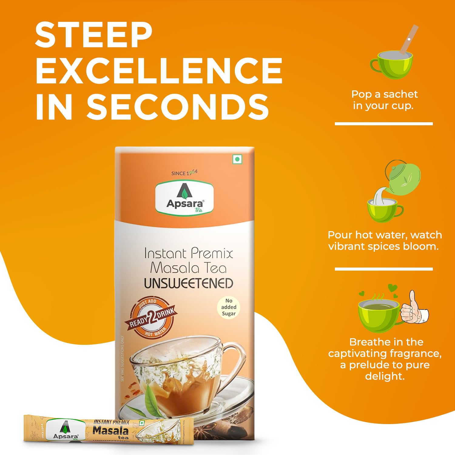 APSARA Instant Tea Premix Unsweetened Masala Tea 10 Sachets | Ready To Drink Sugar Free Chai | Enriched with Ginger, Cardamom, Pepper, and Indian Spices, No Added Sugar Chai, On the Go Tea (FROM INDIA FAAZ) - View 2 of 4
