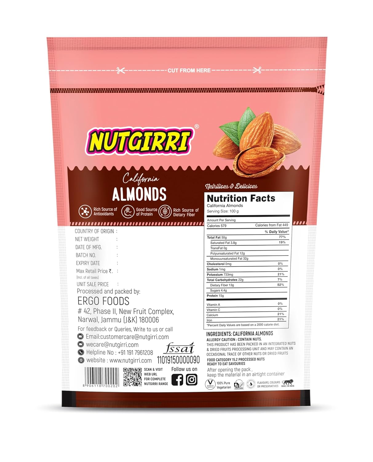 NUTGIRRI CALIFORNIA ALMONDS 100 Gms|100% NATURAL| PREMIUM QUALITY| BADAM GIRI| REAL NUTS| ZERO TRANS FAT|GLUTEN FREE| HIGH FIBER| HIGH PROTEIN |VITAMINS|HEALTHY NUTS - View 3 of 3