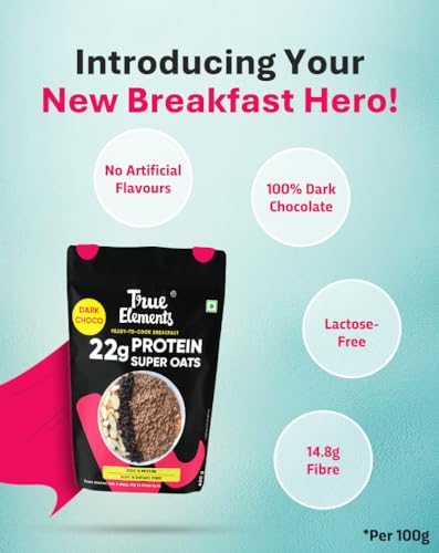 True Elements Protein Oats 400g - Dark Chocolate Oats | Super Oats with 22g Plant Protein | Protein Rich Breakfast | 100% Wholegrain Oats - View 3 of 7