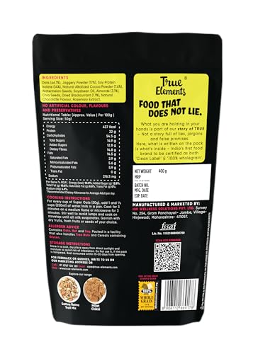 True Elements Protein Oats 400g - Dark Chocolate Oats | Super Oats with 22g Plant Protein | Protein Rich Breakfast | 100% Wholegrain Oats - View 6 of 7
