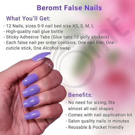 Beromt False nails Set of 12 pcs Matte finish nails False Nails Acrylic Full Fake Nails with 1 nail glue sticker sheet and Nail Art Kit Claws - BFN380PSN (FROM INDIA FAAZ) - View 4 of 5