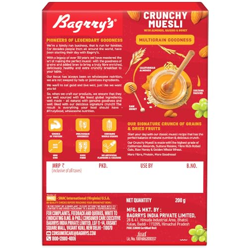 Bagrry's Crunchy Muesli 200gm Box| 40% Fibre Rich Oats with Bran | 82% Multi Grains, Almonds, Raisins &amp; Honey | Breakfast Cereal | Protein Rich | All Natural Muesli (FROM INDIA)SAB - View 4 of 6
