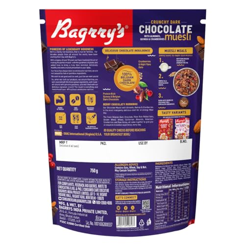 Bagrrys Choco Berry Muesli, 750gm, Chocolate Muesli with Almond, Quinoa, Cranberries |100% Belgian Dark Chocolate Muesli| 0% Artificial Ingredients Chocolate Muesli | 86% Fruits, Nuts &amp; Grains Chocolate Muesli (FROM INDIA)SAB - View 4 of 6