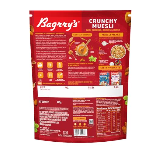 Bagrry's Crunchy Muesli | 40% Fibre Rich Oats with Bran | 82% Multi Grains, Almonds, Raisins &amp; Honey | Breakfast Cereal | Natural Muesli , 400g /425g Pouch (Weight May Vary) (FROM INDIA)SAB - View 4 of 6