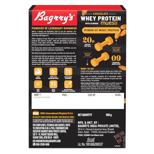 Bagrry's Whey Protein Muesli 500gm Box |15gm Protein Per Serve |Chocolate Flavour|Whole Oats &amp; Californian Almonds|Breakfast Cereal|Protein Rich|Premium American Whey Muesli (FROM INDIA)SAB - View 3 of 6