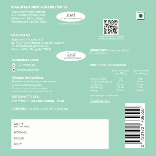 Teabox Premium Organic Green Tea With Dandelion Roots | 100% Whole Leaf Green Tea From The Himalayas | 25Tea Bags (FROM INDIA)SAB - View 6 of 6