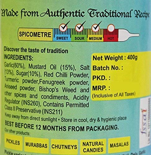 LUCKNOW'S AROURA ACHAR SINCE 1944 Garlic Pickle 400g for Home Use Home Made With Love No Artificial Colors - View 3 of 5
