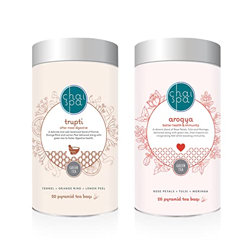 ChaiSpa Reboot Health- TRUPTI &amp; AROGYA by Teafloor | Green Tea for Rejuvenating Body | Helps Fight Body Infections | Only Natural Ingredients | 40 Green Tea Pyramid Bags (FROM INDIA)SAB - View 2 of 7