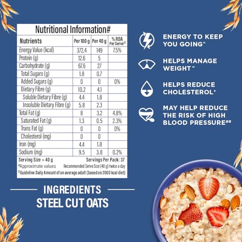 Bagrry's Steel Cut Oats 1.5kg Pouch | High in Dietary Fibre &amp; Protein |Helps in Weight Management &amp; Reducing Cholesterol | Non GMO | Old Faishoned Oats| Breakfast Cereal (FROM INDIA)SAB - View 2 of 6