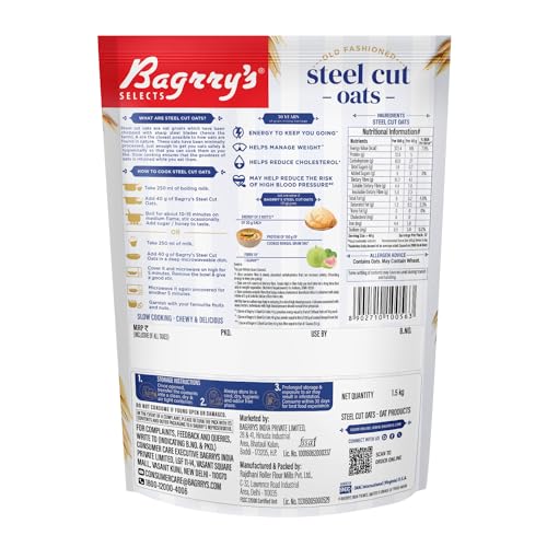 Bagrry's Steel Cut Oats 1.5kg Pouch | High in Dietary Fibre &amp; Protein |Helps in Weight Management &amp; Reducing Cholesterol | Non GMO | Old Faishoned Oats| Breakfast Cereal (FROM INDIA)SAB - View 3 of 6
