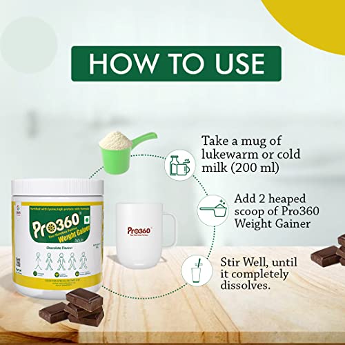 Pro360 Weight Gainer High Protein Powder (500 g, Chocolate Flavour )- Calorie Rich Complete Nutritional Supplement - Triple Protein Source with 25 Vital Nutrients for Men &amp; Women - (FROM INDIA)SAB - View 3 of 6