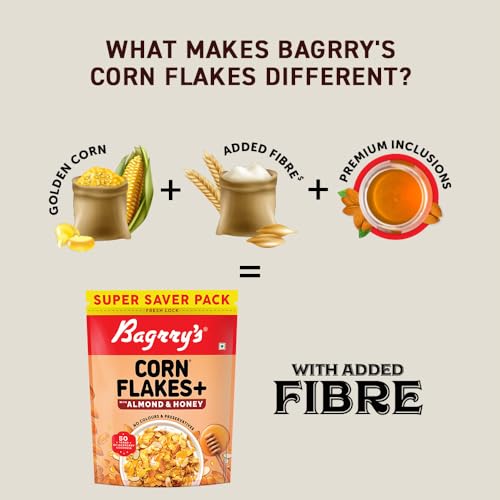 Bagrrys Corn Flakes Plus 750g, Almond and Honey, With Fibre Power| California Almonds, Raw Honey, Golden Corn, Wheat Fibre| High Fibre Breakfast Cereal| Naturally Cholesterol Free Cornflakes (FROM INDIA)SAB - View 2 of 7