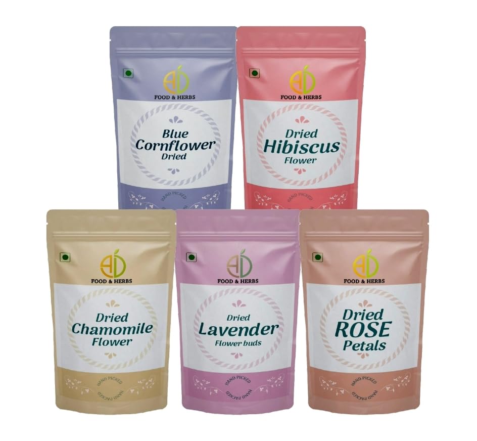A D Food &amp; Herbs Combo of Dried Lavender/Rose/Hibiscus/Blue Corn Flower/Chamomile Flower Petals Aromatic Edible for Homemade Lattes, Tea Blends, Bath Salts, Gifts, Crafts each pack (20 Gms) (FROM INDIA)SAB - View 2 of 7