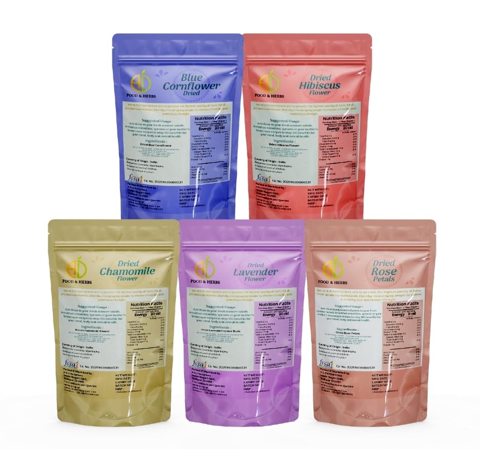 A D Food &amp; Herbs Combo of Dried Lavender/Rose/Hibiscus/Blue Corn Flower/Chamomile Flower Petals Aromatic Edible for Homemade Lattes, Tea Blends, Bath Salts, Gifts, Crafts each pack (20 Gms) (FROM INDIA)SAB - View 3 of 7