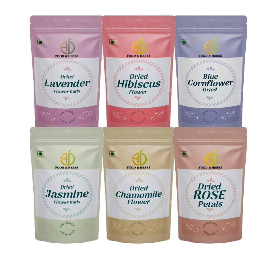 A D Food &amp; Herbs Combo of Dried Jasmine/Lavender/Rose/Hibiscus/Blue Corn/Chamomile Flower Petals Aromatic Edible for Homemade Lattes,Tea Blends,Bath Salts,each pack (20 Gms) (FROM INDIA)SAB - View 2 of 7