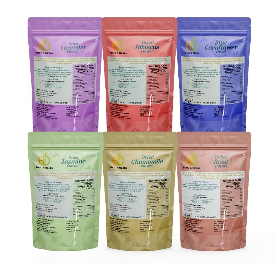 A D Food &amp; Herbs Combo of Dried Jasmine/Lavender/Rose/Hibiscus/Blue Corn/Chamomile Flower Petals Aromatic Edible for Homemade Lattes,Tea Blends,Bath Salts,each pack (20 Gms) (FROM INDIA)SAB - View 3 of 7