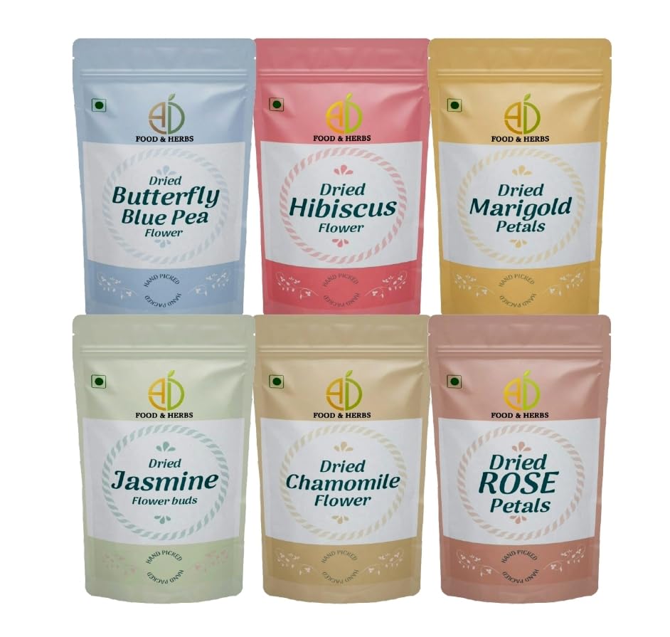 A D Food &amp; Herbs Combo of Dried Jasmine/Butterfly Pea/Marigold/Rose/Hibiscus/Chamomile Flower Petals Aromatic Edible for Homemade Lattes,Tea Blends,Bath Salts,each pack (20 Gms) (FROM INDIA)SAB - View 2 of 7