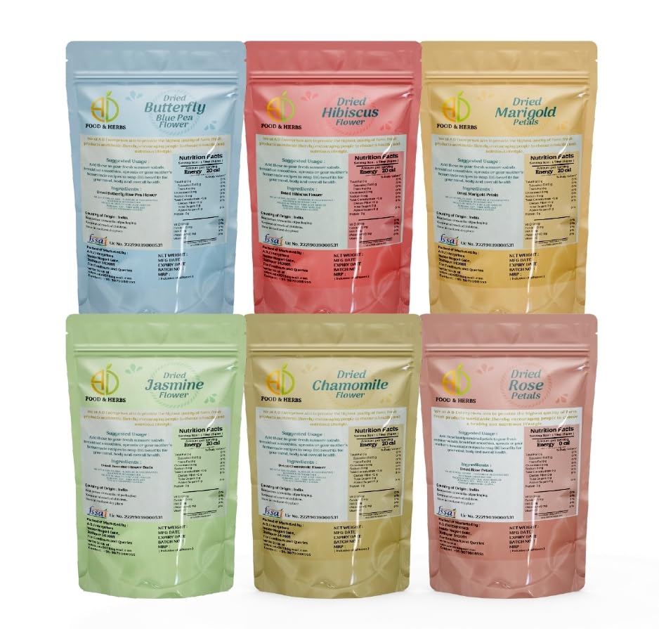 A D Food &amp; Herbs Combo of Dried Jasmine/Butterfly Pea/Marigold/Rose/Hibiscus/Chamomile Flower Petals Aromatic Edible for Homemade Lattes,Tea Blends,Bath Salts,each pack (20 Gms) (FROM INDIA)SAB - View 3 of 7