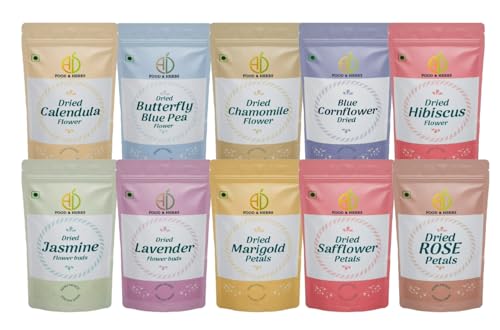 A D Food &amp; Herbs Combo of Dried Jasmine, Safflower, Lavender, Butterfly Pea, Marigold, Rose, Hibiscus, Blue Cornflower, Chamomile, Calendula Flowers Each of (20 GMS) (FROM INDIA)SAB - View 2 of 7
