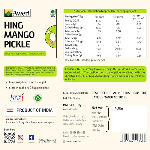 Aweri Hing Mango Pickle (400g): Bold Flavours | 100% Natural Spicy Tangy Homemade Taste | Good for Digestion | Made with Cold Pressed Mustard Oil | Hygienic Preparation &amp; Packing | Hing Aam Ka Achar - View 3 of 6