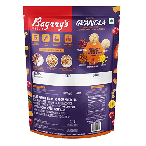Bagrry’s Superfood Granola Exotic Fruits with Cranberries &amp; Almonds|30% Fruit and Nuts| 40% Oats &amp; Quinoa|High in Fibre &amp; Protein|5 Grain Goodness| Breakfast Cereal|Crunchy Granola, 400g, (Pack of 2) (FROM INDIA)SAB - View 2 of 7