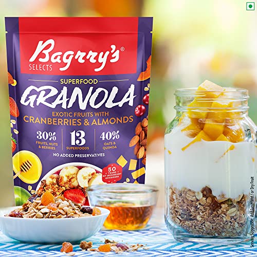 Bagrry’s Superfood Granola Exotic Fruits with Cranberries &amp; Almonds|30% Fruit and Nuts| 40% Oats &amp; Quinoa|High in Fibre &amp; Protein|5 Grain Goodness| Breakfast Cereal|Crunchy Granola, 400g, (Pack of 2) (FROM INDIA)SAB - View 4 of 7
