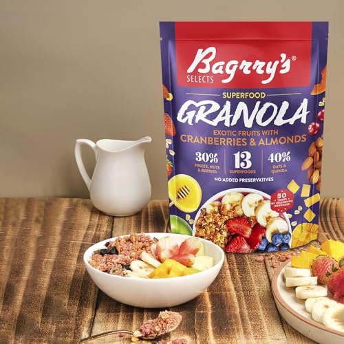 Bagrry’s Superfood Granola Exotic Fruits with Cranberries &amp; Almonds|30% Fruit and Nuts| 40% Oats &amp; Quinoa|High in Fibre &amp; Protein|5 Grain Goodness| Breakfast Cereal|Crunchy Granola, 400g, (Pack of 2) (FROM INDIA)SAB - View 7 of 7