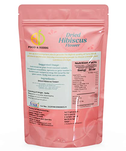 A D Food &amp; Herbs Organic Dried Hibiscus Flower/Gudhal ke phool Natural Ayurveda Herbal Aromatic Edible for Homemade Lattes, Tea Blends, Bath Salts, Gifts, Crafts (20 Gms x pack of 2) (FROM INDIA)SAB - View 4 of 4