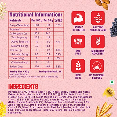 Lawrence Mills Crunchy Muesli 500gm Box, 85% Fruit Nuts &amp; MultiGrains|Source of Protein &amp; Fibre|Goodness of 6 Fruit &amp; Nuts|WholeGrains Muesli|No TransFat|No Artificial Colors|Cholesterol Free Muesli (FROM INDIA)SAB - View 2 of 7