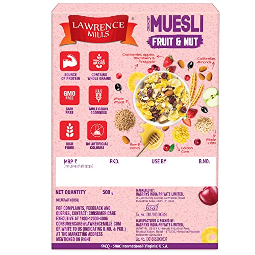 Lawrence Mills Crunchy Muesli 500gm Box, 85% Fruit Nuts &amp; MultiGrains|Source of Protein &amp; Fibre|Goodness of 6 Fruit &amp; Nuts|WholeGrains Muesli|No TransFat|No Artificial Colors|Cholesterol Free Muesli (FROM INDIA)SAB - View 3 of 7