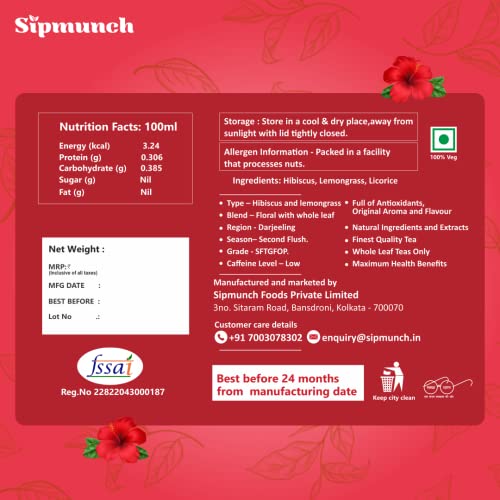 Sipmunch Premium Hibiscus Lemongrass Tea| Premium Grade Hibiscus Flower, Lemon Grass, Liquorice Herbal Tea - 25 grams (FROM INDIA)SAB - View 4 of 7