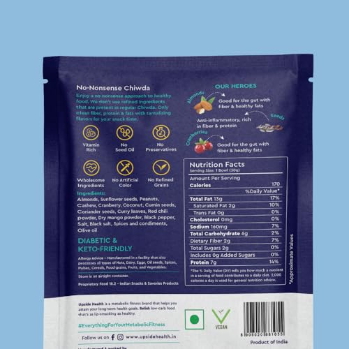 Upside Health No-Nonsense Chiwda (100g) - 100% Seeds &amp; Nuts | Keto Friendly, Vegan, Diet Namkeen, Gluten-Free | All-Natural, High-Fiber &amp; Protein Snack | Low Carb with No Added Sugar or Preservatives (FROM INDIA)SAB - View 2 of 7
