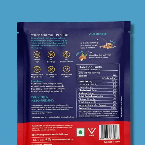 Upside Health Peri Peri Trail Mix (Pack of 1, 100g) | 100% Seeds &amp; Nuts | Diabetes Friendly - Vegan - Gluten Free - All Natural (FROM INDIA)SAB - View 2 of 7