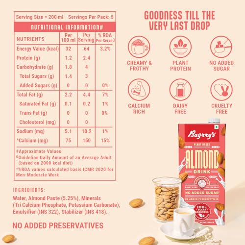 Bagrrys Plant Based Almond Drink, Unsweetned 1l | Vegan | Gluten Free| Dairy free | No Added Sugar| Plant based milk | No Preservatives (FROM INDIA)SAB - View 2 of 6