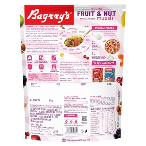Bagrry's Crunchy Muesli With 30% Fruit &amp; Nut Cranberries 375gm Pouch |34% Fibre Rich Oats|No Sugar infused Fruits|Real Fruits|Breakfast Cereal|Protein Rich|Cranberry Muesli (FROM INDIA)SAB - View 3 of 6