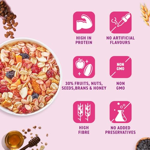 Bagrry's Crunchy Muesli With 30% Fruit &amp; Nut Cranberries 375gm Pouch |34% Fibre Rich Oats|No Sugar infused Fruits|Real Fruits|Breakfast Cereal|Protein Rich|Cranberry Muesli (FROM INDIA)SAB - View 5 of 6