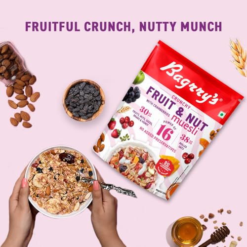 Bagrry's Crunchy Muesli With 30% Fruit &amp; Nut Cranberries 375gm Pouch |34% Fibre Rich Oats|No Sugar infused Fruits|Real Fruits|Breakfast Cereal|Protein Rich|Cranberry Muesli (FROM INDIA)SAB - View 6 of 6
