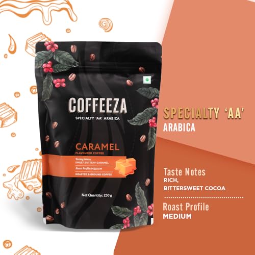 COFFEEZA Caramel Flavoured Ground Coffee Powder | Fine Grind (Espresso &amp; Moka Pots) | 100% Arabica Premium Grade Coffee, Medium Roasted - 250Gm, Bag (FROM INDIA)SAB - View 2 of 7