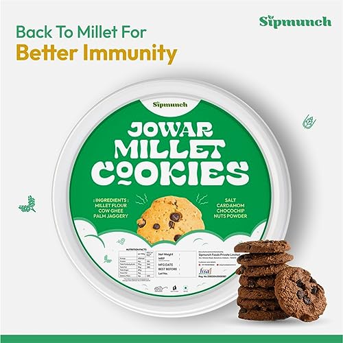 Jowar Millet Palm Jaggery Chocochip Cookies with Cow ghee |Healthy, rich in fibre, diet cookies, gluten free, Ideal for weighloss |Millet Flour, Cow Ghee, Palm Jaggery, Cardamom, Chocochip (FROM INDIA)SAB - View 2 of 3