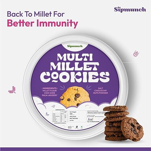 Sipmunch Multi Millet Palm Jaggery Chocochip Cookies with Cow ghee-100gm | Healthy, rich in fibre, diet cookies, gluten free | Millet Flour, Cow Ghee, Palm Jaggery, chocochip (Pack Of 2)  (FROM INDIA)SAB - View 2 of 3