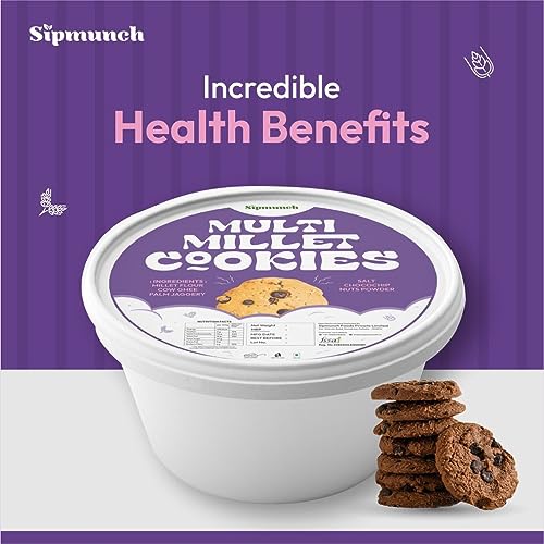 Sipmunch Multi Millet Palm Jaggery Chocochip Cookies with Cow ghee-100gm | Healthy, rich in fibre, diet cookies, gluten free | Millet Flour, Cow Ghee, Palm Jaggery, chocochip (Pack Of 2)  (FROM INDIA)SAB - View 3 of 3