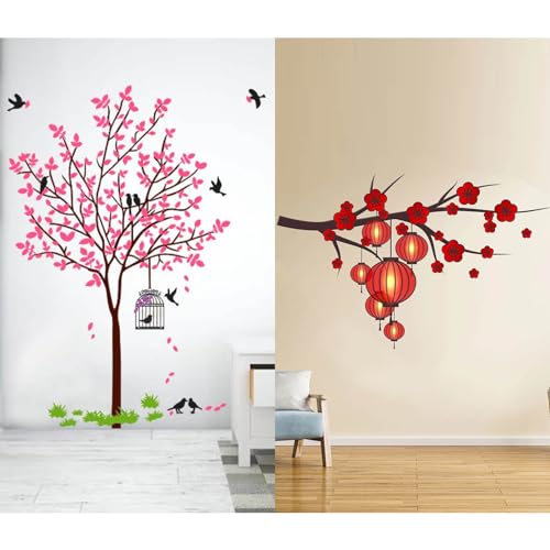 ESP Creation Combo Set of 2 Branch with Red Lantern | Pink Tree with Bird and Nest Wall Decals for Hall, Bedroom &amp; Kitchen(FROM INDIA FAAZ) - Related product
