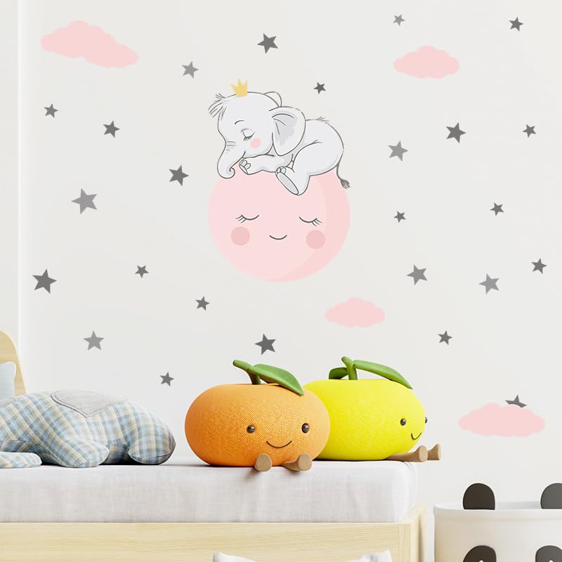 Cute Elephant Sleeping on The Moon with Stars Wall Stickers Nursery Decor Wall Decals for Kids Boys Girls Bedroom Daycare Classroom Playroom and Kids Room - View 2 of 7