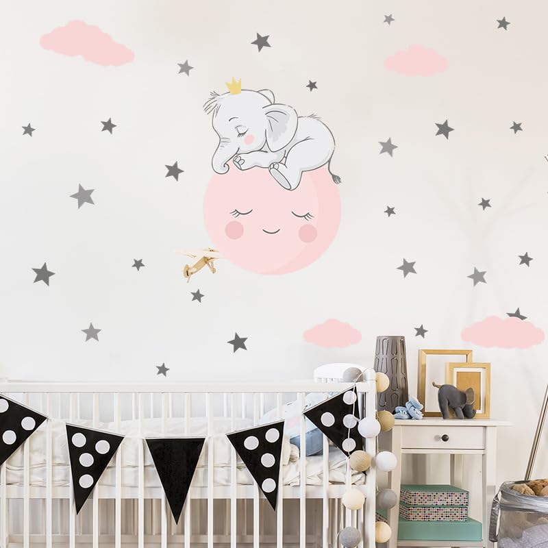 Cute Elephant Sleeping on The Moon with Stars Wall Stickers Nursery Decor Wall Decals for Kids Boys Girls Bedroom Daycare Classroom Playroom and Kids Room - View 3 of 7