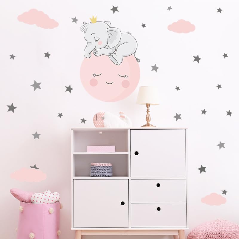 Cute Elephant Sleeping on The Moon with Stars Wall Stickers Nursery Decor Wall Decals for Kids Boys Girls Bedroom Daycare Classroom Playroom and Kids Room - View 4 of 7