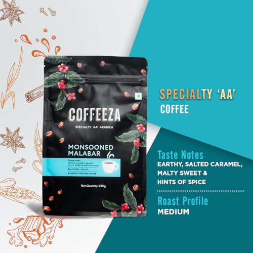 COFFEEZA Monsooned Malabar Ground Coffee Packet | Coarse Grind (French Press) | Aa Arabica Coffee | Premium Grade, Medium Roasted Ground Coffee - 250Gm (FROM INDIA)SAB - View 2 of 3